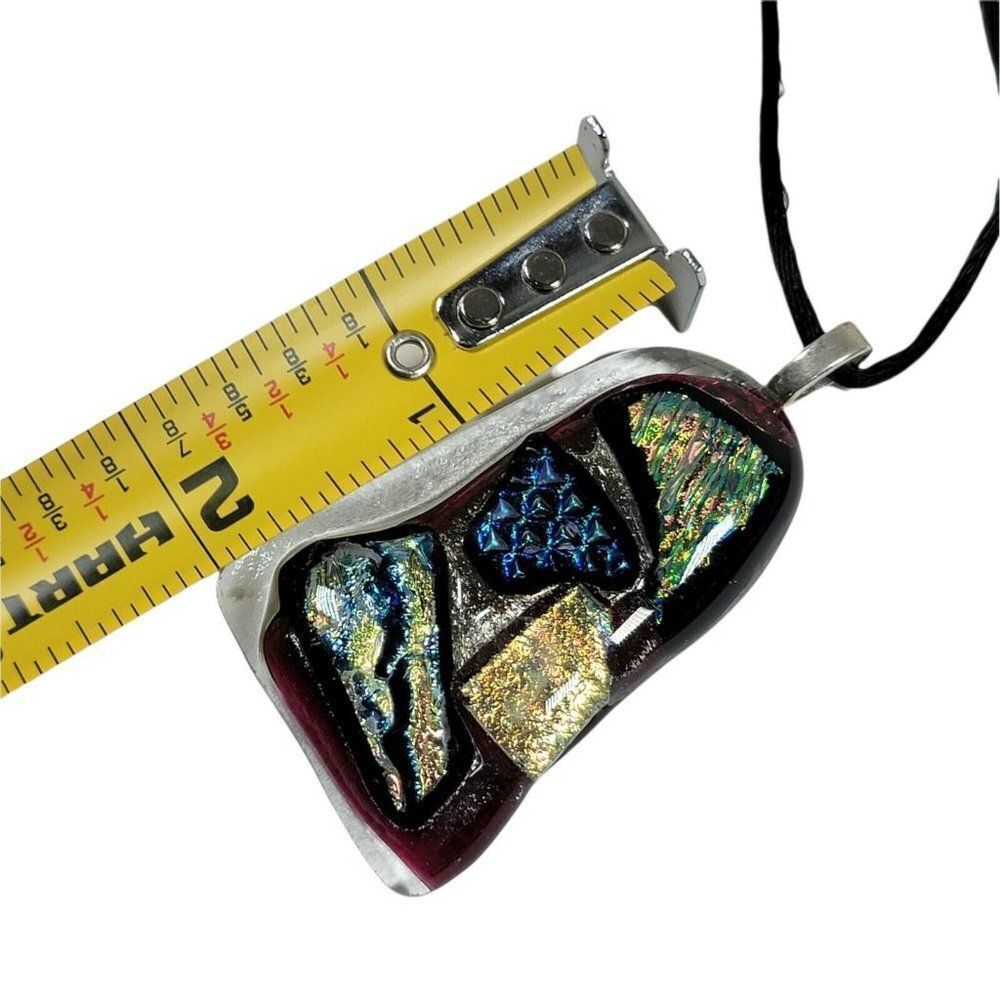 Purple Gold Flecks Abstract Geometrical Art Glass Pendant With Cord Necklace - Picture 4 of 4